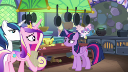 Size: 1280x720 | Tagged: safe, screencap, princess cadance, princess flurry heart, shining armor, twilight sparkle, alicorn, pony, best gift ever, g4, cauldron, family, female, filly, flour, flying, foal, food, frying pan, male, mare, oven, pudding, puddinghead's pudding, rolling pin, sisters-in-law, stallion, table, twilight sparkle (alicorn)