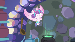 Size: 1280x720 | Tagged: safe, screencap, princess flurry heart, alicorn, pony, best gift ever, g4, baby, baby pony, cauldron, cloth diaper, diaper, eyes closed, female, filly, flying, foal, food, kitchen, pudding, puddinghead's pudding, safety pin, solo, spread wings, wings