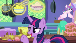 Size: 1280x720 | Tagged: safe, screencap, princess flurry heart, twilight sparkle, alicorn, pony, g4, my little pony best gift ever, cake, food, frying pan, kitchen, lemon, measuring cup, rolling pin, twilight sparkle (alicorn)