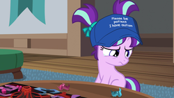 Size: 1920x1080 | Tagged: safe, edit, edited screencap, screencap, starlight glimmer, pony, unicorn, g4, uncommon bond, autism, cap, female, filly, filly starlight glimmer, hat, haters gonna hate, meme, op is a duck, op is trying to start shit, pigtails, please be patient i have autism, solo, younger