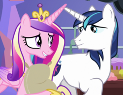 Size: 854x658 | Tagged: safe, screencap, princess cadance, shining armor, alicorn, pony, unicorn, g4, my little pony best gift ever, crown, duo, duo male and female, female, flour, folded wings, horn, jewelry, looking back, male, mare, regalia, smiling, stallion, wings