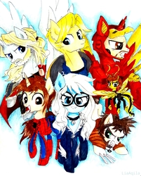 Size: 1606x2001 | Tagged: safe, artist:liaaqila, alicorn, earth pony, pegasus, pony, unicorn, alicornified, armor, avengers, beard, bell, bell collar, black cat, captain america, collar, commission, crossover, dog tags, facial hair, felicia hardy, female, iron man, janet van dyne, logan, male, mare, marvel, marvel comics, mask, open mouth, parody, peter parker, ponified, race swap, raised hoof, simple background, spider-man, stallion, steve rogers, superhero, thor, tony stark, traditional art, wasp (marvel), white background, wolverine, x-men