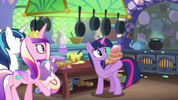 Size: 1280x720 | Tagged: safe, screencap, princess cadance, princess flurry heart, shining armor, twilight sparkle, alicorn, pony, g4, my little pony best gift ever, cake, food, frying pan, kitchen, oven, pot, rolling pin, sisters-in-law, table, twilight sparkle (alicorn)