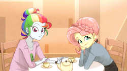 Size: 1600x900 | Tagged: safe, artist:ilacavgbmjc, fluttershy, rainbow dash, equestria girls, g4, alternate hairstyle, braid, bun, cup, food, looking at you, table, tea, tea time, teacup, teapot