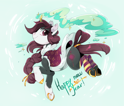 Size: 1924x1644 | Tagged: safe, artist:pinle, oc, oc only, pony, unicorn, abstract background, braid, brown eyes, brown hair, cape, cloak, clothes, cloven hooves, coat markings, colored horn, cute, ear piercing, earring, female, frog (hoof), hairband, happy new year, holiday, horn, horseshoes, jewelry, leg warmers, looking back, magic, magic aura, mare, new year, piercing, ponytail, smiling, smoke, socks, socks (coat markings), solo, sparkles, striped socks, stud, studs, tail band, underhoof