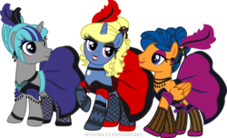Size: 3682x2232 | Tagged: safe, artist:nstone53, oc, oc only, oc:azure/sapphire, oc:cold front, oc:disty, pegasus, pony, unicorn, can-can dress, clothes, crossdressing, femboy, gay, high res, makeover, makeup, male, petticoats, ponysona, saloon dress, stockings, thigh highs, wig
