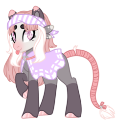 Size: 698x711 | Tagged: safe, artist:acervine, oc, oc only, oc:posey possum, hybrid, opossum, opossum pony, original species, pony, bow, cape, cloak, clothes, coat markings, cute, dappled, female, freckles, headband, hoof polish, leonine tail, mare, pink eyes, pink hair, raised hoof, rat tail, simple background, solo, spots, tail bow, tongue out, transparent background