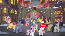 Size: 1405x789 | Tagged: safe, artist:jawsandgumballfan24, edit, edited screencap, screencap, octavia melody, rumble, sweetie belle, earth pony, pegasus, pony, unicorn, g4, beanie, canterlot, chocolate, christmas, christmas lights, clothes, colt, cup, earmuffs, female, filly, food, hat, holiday, hot chocolate, male, mug, ship:rumbelle, shipping, snow, straight, supreme, wreath