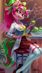 Size: 1299x2244 | Tagged: safe, artist:holivi, oc, oc only, oc:precious metal, pegasus, anthro, plantigrade anthro, g4, apple, book, bow, breasts, chalkboard, chemistry, cleavage, clothes, commission, female, food, goggles, hair bow, kneesocks, lab coat, legs, looking at you, mare, shoes, skirt, socks, solo, thigh highs, wings, zettai ryouiki