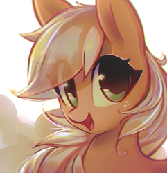 Size: 1351x1404 | Tagged: safe, artist:mirroredsea, applejack, earth pony, pony, g4, abstract background, bust, cute, eye clipping through hair, female, hatless, jackabetes, looking at you, mare, missing accessory, open mouth, smiling, solo