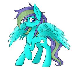 Size: 1019x1024 | Tagged: safe, oc, oc only, oc:rainbowsine finn, pegasus, pony, female, looking at you, raised hoof, simple background, smiling, spread wings, standing, white background, wings