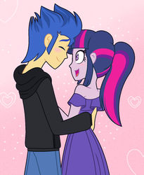Size: 1024x1251 | Tagged: safe, artist:flashlightisthebest, flash sentry, twilight sparkle, alicorn, human, equestria girls, equestria girls series, g4, blushing, clothes, couple, cute, diasentres, dress, eyes closed, female, heart, hoodie, male, open mouth, pink background, ship:flashlight, ship:sci-flash, shipping, simple background, smiling, straight, twiabetes, twilight sparkle (alicorn)