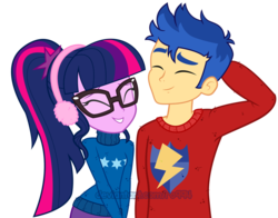 Size: 1280x1005 | Tagged: safe, artist:ro994, flash sentry, sci-twi, twilight sparkle, human, equestria girls, equestria girls series, g4, clothes, couple, earmuffs, eyes closed, female, glasses, grin, hand on head, male, ponytail, ship:flashlight, ship:sci-flash, shipping, simple background, smiling, straight, sweater, transparent background, vector, watermark