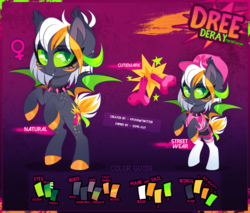 Size: 2050x1749 | Tagged: safe, artist:zombie, oc, oc only, oc:dree deray, bat pony, pony, bat pony oc, clothes, cutie mark, digital art, fangs, female, hat, looking at you, mare, reference sheet, socks, solo