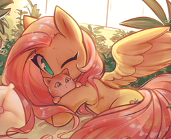 Size: 1505x1223 | Tagged: safe, artist:mirroredsea, fluttershy, cat, pegasus, pony, g4, cuddling, cute, female, kitten, mare, one eye closed, one wing out, shyabetes, solo, wings