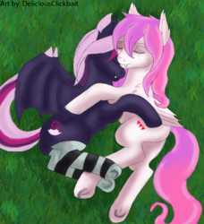 Size: 1280x1406 | Tagged: safe, artist:deliciousclickbait, oc, oc only, oc:lilac mist, oc:luscious desire, bat pony, pony, bat pony oc, clothes, commission, cuddling, cute, socks, striped socks