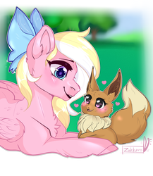 Size: 2000x2300 | Tagged: safe, artist:zakkurro, oc, oc only, oc:bay breeze, eevee, pegasus, pony, blushing, bow, chest fluff, crossover, ear fluff, female, hair bow, happy, high res, looking at each other, mare, pokémon, smiling, ych result