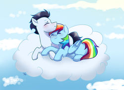 Size: 1024x747 | Tagged: safe, artist:sisitowe, rainbow dash, soarin', pony, g4, cloud, female, male, ship:soarindash, shipping, straight