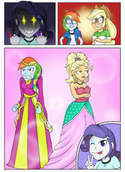 Size: 1600x2201 | Tagged: safe, artist:papyjr13, applejack, rainbow dash, rarity, equestria girls, g4, and then there's rarity, applejack also dresses in style, applejewel, clothes, dress, forced makeover, gown, lost bet, makeover, princess applejack, rainbow dash always dresses in style, tomboy taming