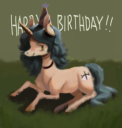 Size: 1280x1345 | Tagged: dead source, safe, artist:pocket-spaghetti, oc, oc only, oc:outsight, pony, birthday, hat, party hat, sitting, solo