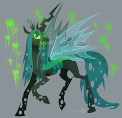 Size: 947x914 | Tagged: safe, artist:spacecat-studios, queen chrysalis, changeling, changeling queen, pony, g4, crown, fangs, female, glowing eyes, gray background, heart, jewelry, large wings, regalia, simple background, slime, solo, spread wings, transparent wings, wings