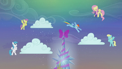 Size: 1280x720 | Tagged: safe, screencap, fluttershy, lightning bolt, parasol, rainbow dash, sassaflash, white lightning, pony, a hearth's warming tail, g4, my little pony: friendship is magic, cloud, flying, twilight's castle