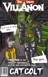 Size: 937x1488 | Tagged: safe, artist:nignogs, oc, oc:anon, oc:cat colt, oc:villanon, human, 4chan, armor, baneposting, cape, clothes, doctor doom, for you, hood, male, marvel, marvel comics, prison, stallion, story included