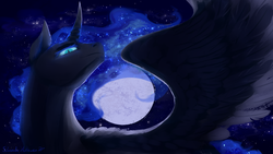 Size: 1920x1080 | Tagged: safe, artist:floverale-hellewen, nightmare moon, alicorn, pony, g4, ethereal mane, evil, female, full moon, horn, mare, moon, night, night sky, signature, sky, slit pupils, solo, spread wings, starry mane, stars, wings