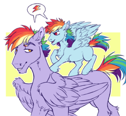 Size: 2500x2300 | Tagged: safe, artist:eeelt, rainbow blaze, rainbow dash, pegasus, pony, g4, abstract background, blank flank, cute, cutie mark, duo, female, filly, filly rainbow dash, foal, folded wings, headcanon, high res, hoers, looking at each other, male, pictogram, smiling, spread wings, stallion, uncle and niece, unshorn fetlocks, wings, younger