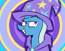 Size: 3262x2588 | Tagged: safe, artist:diamondbrush, trixie, pony, unicorn, g4, abstract background, cape, clothes, female, grin, hat, high res, mare, smiling, solo, trixie's cape, trixie's hat