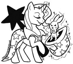 Size: 1023x891 | Tagged: safe, artist:theleatherdragoni, angel bunny, trixie, pony, rabbit, unicorn, g4, cape, clothes, female, hat, mare, monochrome, raised hoof, trixie's cape, trixie's hat