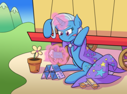 Size: 1920x1431 | Tagged: safe, artist:zanefir-dran, trixie, pony, unicorn, g4, cape, card, clothes, crackers, female, food, hat, house of cards, mare, peanut butter, peanut butter crackers, solo, that pony sure does love peanut butter crackers, trixie's cape, trixie's hat