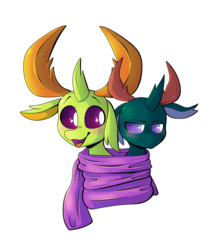 Size: 2285x2624 | Tagged: safe, artist:spindlespice, pharynx, thorax, changedling, changeling, g4, blushing, brothers, changedling brothers, clothes, cute, high res, king thorax, male, pharybetes, prince pharynx, scarf, shared clothing, shared scarf, siblings, simple background, smiling, thorabetes, transparent background, unamused