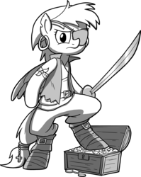 Size: 2085x2624 | Tagged: safe, artist:fimflamfilosophy, oc, oc only, pony, buck legacy, belt, bipedal, black and white, card art, clothes, ear piercing, eyepatch, grayscale, hat, high res, male, monochrome, palm tree, piercing, pirate, sand, sandcastle, shovel, simple background, solo, sword, transparent background, treasure chest, weapon