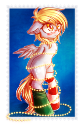 Size: 1988x3000 | Tagged: safe, artist:chaosangeldesu, derpy hooves, pegasus, pony, semi-anthro, g4, arm behind back, arm hooves, bipedal, blushing, chest fluff, christmas, christmas lights, clothes, cute, derpabetes, female, holiday, i just don't know what went wrong, mare, socks, solo, striped socks, tied up