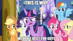 Size: 765x430 | Tagged: safe, edit, edited screencap, screencap, applejack, fluttershy, pinkie pie, rainbow dash, rarity, twilight sparkle, alicorn, pony, fame and misfortune, g4, anti-bronybait, disgusted, fourth wall, funny, mane six, meme, reaction image, text, this is why aliens won't talk to us, twilight sparkle (alicorn), twilight's castle