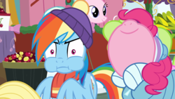 Size: 1920x1080 | Tagged: safe, screencap, pinkie pie, rainbow dash, pony, best gift ever, g4, hearth's warming shorts, triple pony dare ya, beanie, clothes, hat, nose in the air, puffy cheeks, scarf, winter outfit