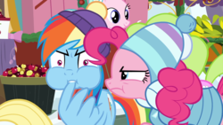 Size: 1920x1080 | Tagged: safe, screencap, pinkie pie, rainbow dash, pony, g4, hearth's warming shorts, my little pony best gift ever, triple pony dare ya, beanie, clothes, hat, puffy cheeks, scarf, winter outfit