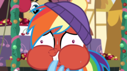 Size: 1920x1080 | Tagged: safe, screencap, doctor whooves, rainbow dash, time turner, earth pony, pony, g4, hearth's warming shorts, my little pony best gift ever, triple pony dare ya, beanie, blushing, hat, puffy cheeks, red face