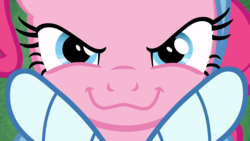 Size: 1920x1080 | Tagged: safe, screencap, pinkie pie, earth pony, pony, g4, hearth's warming shorts, my little pony best gift ever, triple pony dare ya, :3, >:3, close-up, evil grin, looking at you, smiling, smirk