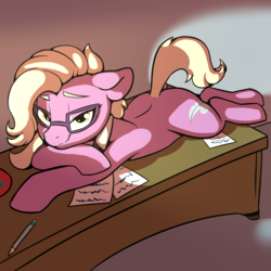 Size: 2000x2000 | Tagged: safe, artist:dimfann, artist:wenni, grace manewitz, earth pony, pony, g4, bedroom eyes, collaboration, desk, dock, female, floppy ears, glasses, high res, looking at you, lying down, mare, necktie, paper, pencil, prone, secretary, sexy, smiling, solo, sultry pose