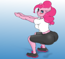 Size: 1429x1315 | Tagged: safe, artist:kittytitikitty, pinkie pie, earth pony, anthro, g4, ass, balloonbutt, blue background, blushing, butt, clothes, looking at you, looking back, looking back at you, no tail, pants, simple background, squatting, yoga pants