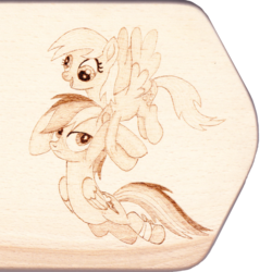 Size: 1537x1611 | Tagged: safe, artist:malte279, derpy hooves, rainbow dash, pegasus, pony, g4, bandage, craft, cute, flying, grabbing, happy, pyrography, traditional art, unamused