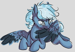 Size: 954x668 | Tagged: safe, artist:amphoera, oc, oc only, oc:wind shear, pegasus, pony, colored wings, colored wingtips, female, gray background, mare, preening, prone, simple background, solo