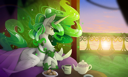 Size: 2184x1314 | Tagged: safe, artist:taiga-blackfield, oc, oc only, oc:eos, alicorn, pony, alicorn oc, bedsheets, blanket, chest fluff, cloud, cookie, crossed hooves, cup, ear fluff, female, food, green eyes, jewelry, large wings, mare, plate, prone, regalia, sky, smiling, solo, spread wings, sunrise, table, teacup, teapot, wings