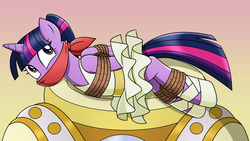 Size: 1600x900 | Tagged: safe, artist:nivek15, twilight sparkle, alicorn, pony, g4, arm behind back, ballerina, bondage, bound and gagged, bound wings, cloth gag, cute, female, gag, mare, over the nose gag, rope, rope bondage, tied up, tutu, twilarina, twilight sparkle (alicorn)