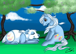 Size: 900x643 | Tagged: safe, artist:cyzzane, baby nectar, baby stripes, pony, g1, baby pony and pretty pal, duo, older