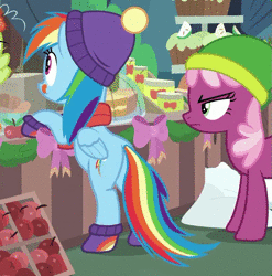 Size: 743x753 | Tagged: safe, screencap, cheerilee, granny smith, rainbow dash, earth pony, pegasus, pony, g4, hearth's warming shorts, my little pony best gift ever, triple pony dare ya, :q, animated, annoyed, apple, behaving like a dog, boots, butt, cheerilee is not amused, clothes, cropped, cute, daaaaaaaaaaaw, dashabetes, duo, eyeroll, eyes on the prize, female, food, frown, glare, hat, licking, licking lips, looking at something, mare, no sound, plot, scarf, shoes, smiling, standing, stomping, swishy tail, tail wag, tail whip, tongue out, unamused, webm, winter outfit