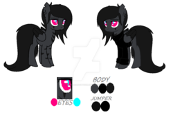 Size: 1024x708 | Tagged: safe, artist:space--paws0w0, oc, oc only, oc:dark blaze, pegasus, pony, vampire, clothes, colored pupils, female, jumper, mare, markings, obtrusive watermark, reference sheet, simple background, solo, sweater, watermark, white background