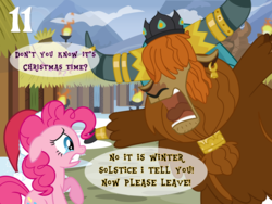 Size: 1024x768 | Tagged: safe, artist:bronybyexception, pinkie pie, prince rutherford, earth pony, pony, yak, g4, advent calendar, christmas, cloven hooves, crying, do they know it's christmas time, ear piercing, female, hat, holiday, horn, horn ring, male, mare, piercing, santa hat, teary eyes, winter solstice, yakyakistan